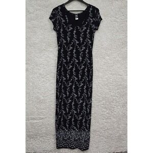 Vtg PS Perseption Slinky Maxi Dress Womens Large Black Floral 90s whimsygoth